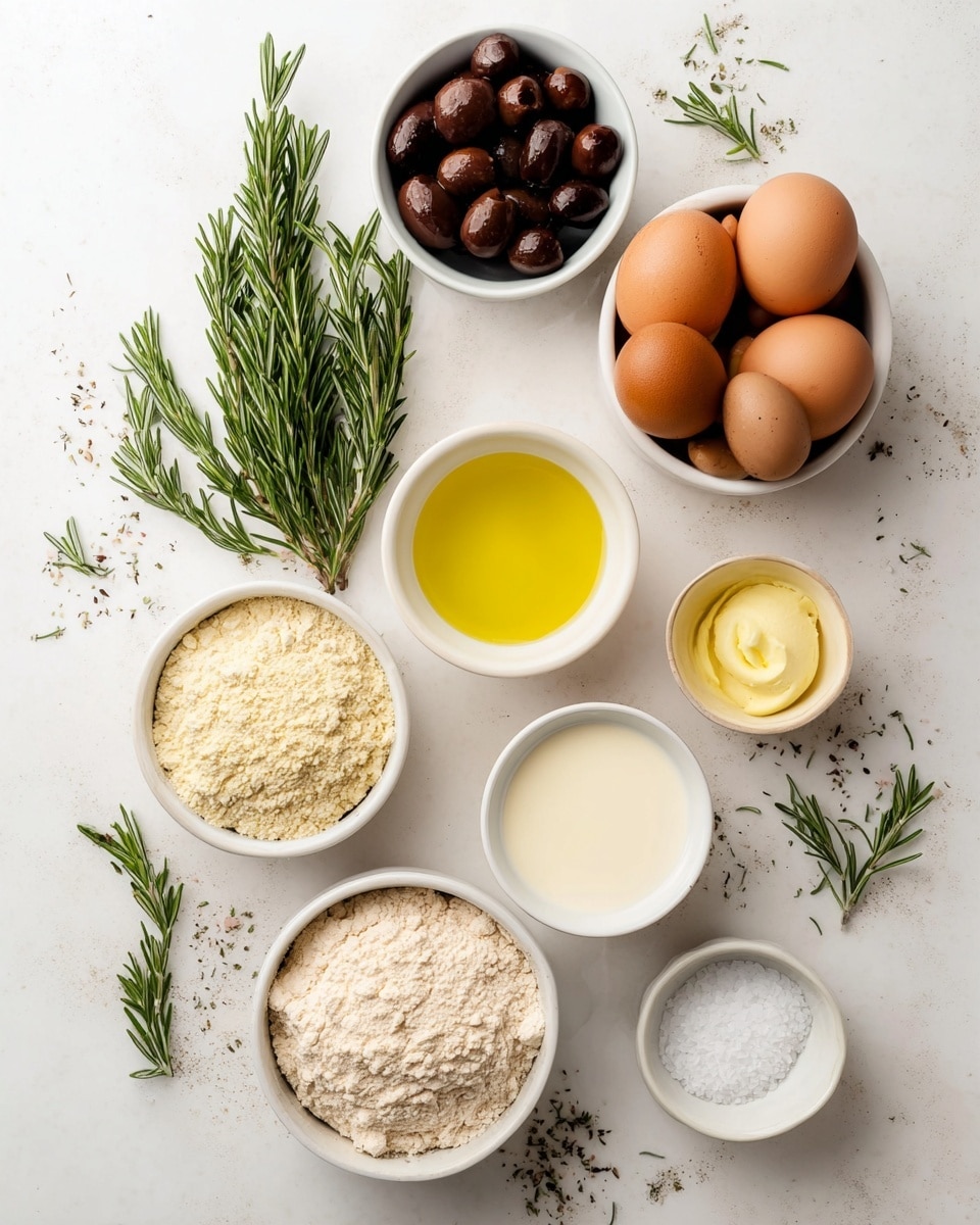 The image shows a white marbled surface with eight white bowls and one white ramekin arranged vertically in two columns. On the left column, from top to bottom, there are two fresh green rosemary sprigs, a bowl filled with dark brown olives, a bowl with bright yellow olive oil, and a bowl holding five brown eggs. On the right column, from top to bottom, there is a bowl with light yellow liquid, a bowl with white salt, a bowl filled with beige almond flour, a bowl containing off-white almond milk, a small bowl with coarse salt, and a small bowl with white powder, likely baking powder. The setup is bright and clean with scattered rosemary pieces around the bowls. Photo taken with an iphone --ar 4:5 --v 7