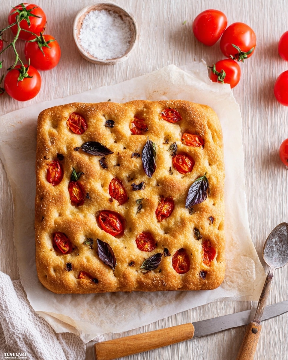A square focaccia bread with a golden-brown crust is shown, with small dimples across its surface. It has bright red cherry tomato halves and dark purple basil leaves scattered on top, baked partly into the bread. The focaccia is placed on parchment paper over a light wooden table with a white marbled texture. Surrounding it are whole red tomatoes, a small white bowl filled with salt and a spoon, and the edge of a wooden-handled knife resting on a white textured cloth. Photo taken with an iphone --ar 4:5 --v 7