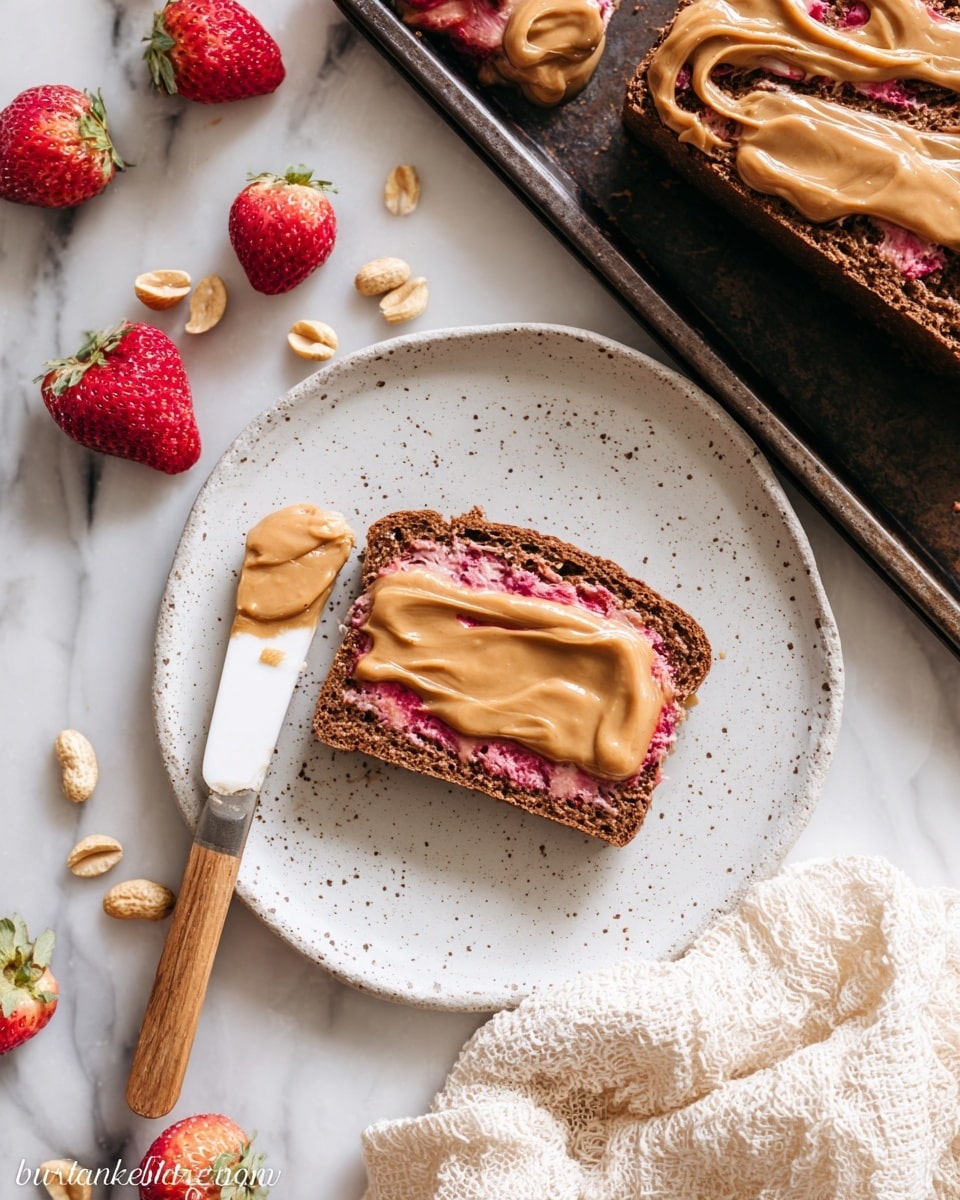 A slice of dark brown bread with a soft texture sits on a white speckled plate, topped with a thick layer of smooth light brown peanut butter spread in the middle and a thin layer of pinkish-red jam near the top edge; next to the plate is a white spreading knife with a wooden handle, covered partially with peanut butter resting on a dark baking tray, beside an uncut piece of bread drizzled with swirls of the same peanut butter and jam, and fresh red strawberries on a white marbled surface scattered with peanuts and a cream-colored textured cloth nearby. photo taken with an iphone --ar 4:5 --v 7