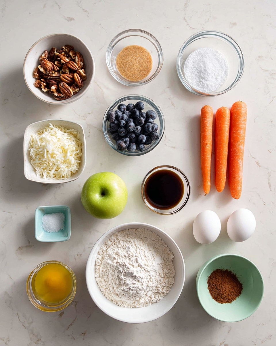 The image shows a white marbled surface with several small bowls and loose ingredients arranged neatly. There are eleven main items: a white bowl of white flour in the lower right, blueberries in a white bowl to the left of the flour, finely chopped pecans in a white bowl at the top left, shredded white coconut in a white bowl below the pecans, light brown sugar in a clear glass bowl at the top center, white sugar in a clear bowl to the right of the brown sugar, a small dark bowl with salt above the brown sugar, a green apple in the center, three white eggs on the upper right, two orange carrots next to the eggs, a small white square bowl with dark vanilla extract to the left of the carrots, a small light blue bowl with baking soda below the apple, a small green bowl with brown cinnamon powder to its right, a small clear bowl with golden applesauce on the lower left, and a small container with yellow oil below the carrots. The arrangement is simple, clean, and bright. photo taken with an iphone --ar 4:5 --v 7
