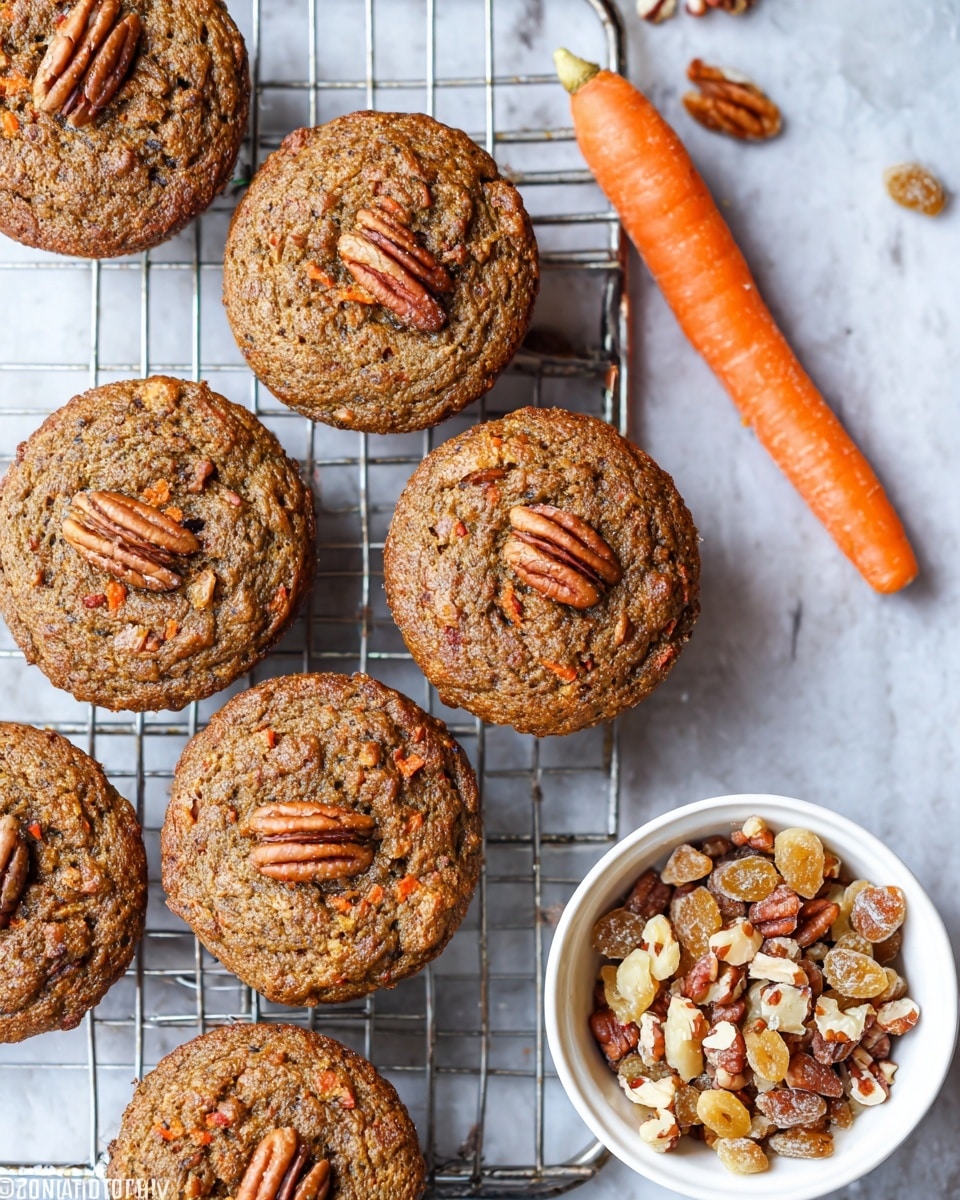 The image shows eight brown muffins with a rough texture and specks of orange, placed on a metal cooling rack. Each muffin is topped with pieces of pecans that add texture and detail. There is an orange carrot placed diagonally near the top right muffins. Nearby, a white bowl filled with pieces of pecans and light golden raisins sits on a white marbled surface. The lighting is soft and natural, highlighting the warm tones of the muffins and nuts. photo taken with an iphone --ar 4:5 --v 7