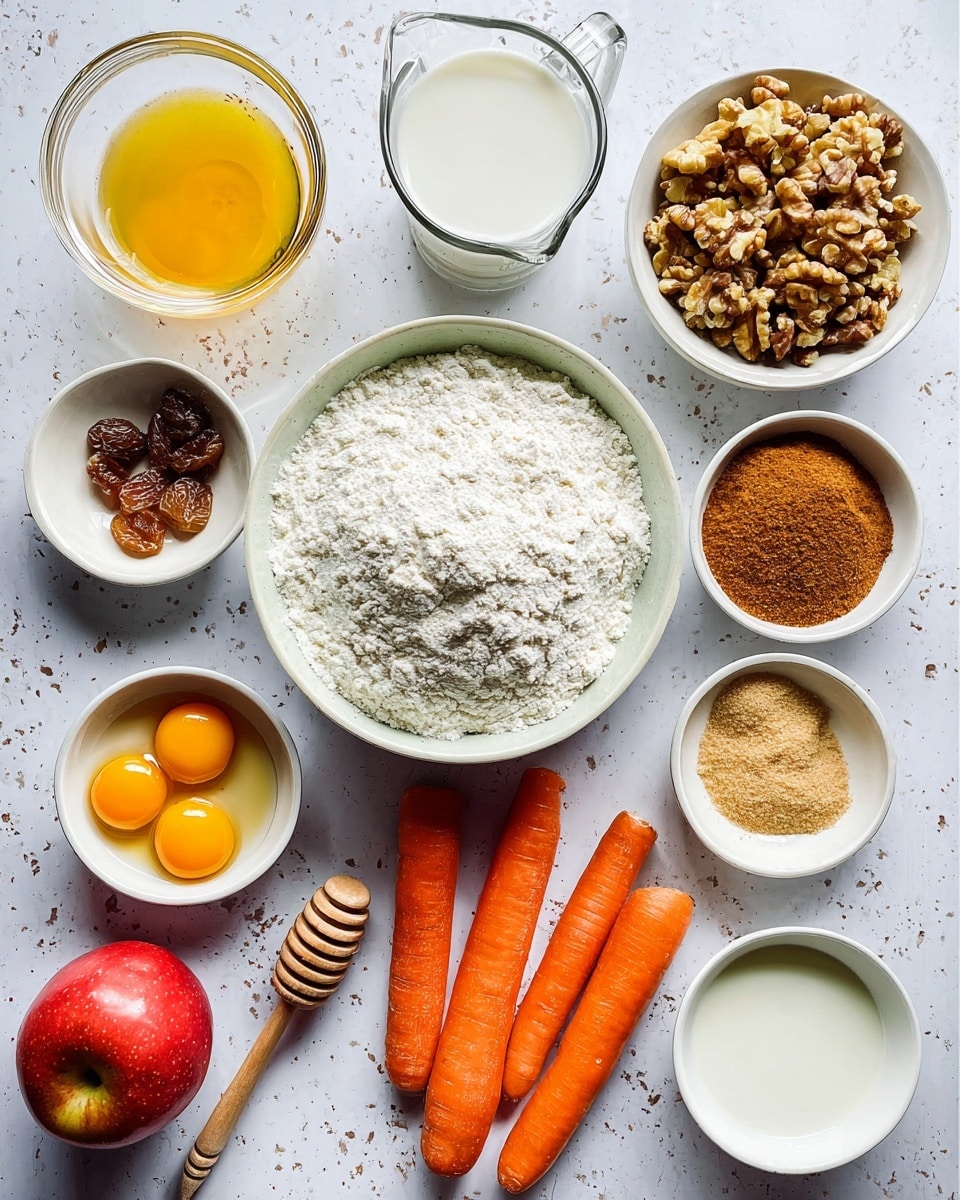 The image shows a white marbled surface with various baking ingredients arranged neatly. At the center is a large white bowl filled with white flour. To the right of the flour are three bright orange carrots grouped closely, and a small white bowl with chopped walnuts below them. Next to the walnuts is a clear measuring cup filled with milk. Above the milk is a clear measuring cup with a clear liquid. To the right of that, there is another white bowl containing three raw egg yolks in liquid. Above the flour on the left are small white bowls with golden raisins, brown sugar, cinnamon powder, vanilla extract, salt, and baking soda scattered in an organized manner. A red apple and a small white bowl filled with honey with a wooden honey dipper resting inside are placed towards the lower left corner. All the bowls and cups are white, and the ingredients show different textures and colors, creating a bright, clean, and inviting layout. Photo taken with an iphone --ar 4:5 --v 7