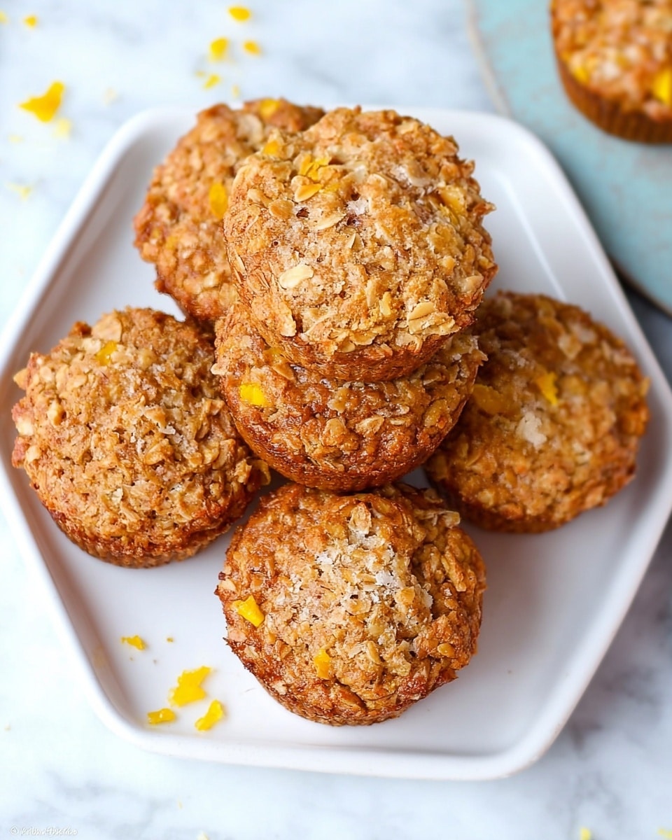 A white hexagonal plate holds a stack of seven round muffins with a crumbly, textured top showing pieces of oats and small yellow bits, likely fruit or corn, inside. The muffins have a golden-brown color with rough, uneven surfaces. The plate is placed on a white marbled surface. A few small yellow pieces are scattered around the muffins on the plate. A single muffin is partly visible at the top right corner of the image. photo taken with an iphone --ar 4:5 --v 7