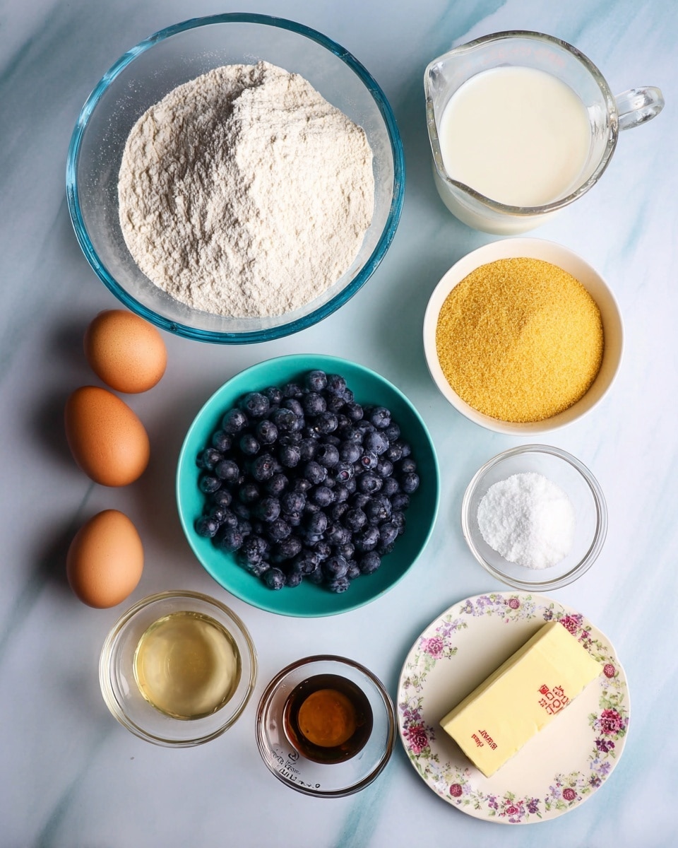 Glass bowl with two powders, one half white flour and the other half yellow cornmeal. Next to it, a glass measuring cup with white milk. Below, a white bowl filled with dark blue blueberries. To its right, a white bowl containing brown sugar and white granulated sugar side by side. Below the sugar bowl, a small clear bowl with dark golden liquid, and next to it, a stick of light yellow butter with red markings. To the left of the butter, a white plate with floral pattern holding two brown eggs. Above the butter, a small clear bowl with white baking powder, brown spice, and white salt. All placed on a white marbled surface photo taken with an iphone --ar 4:5 --v 7