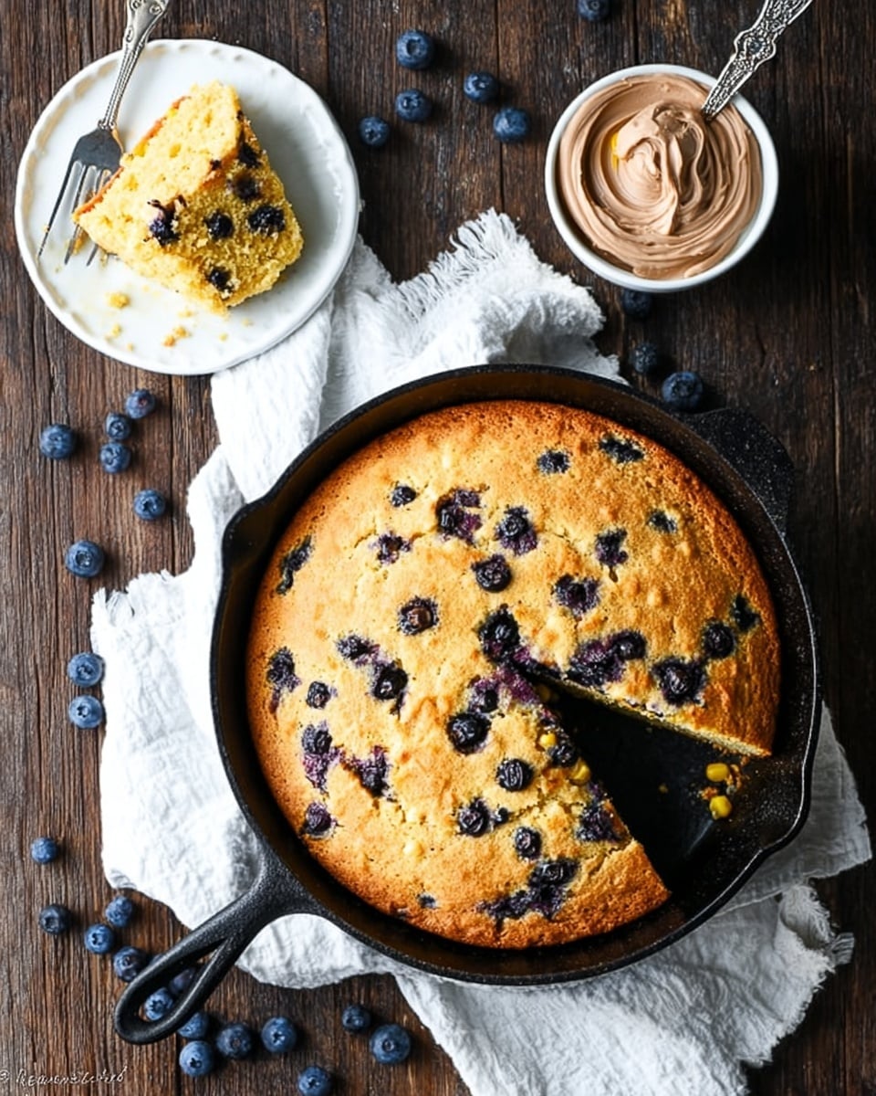 The image shows a round golden cornbread with blueberries baked in a black cast iron skillet, one large slice removed from it. The cornbread has a slightly rough, crispy top with scattered dark blue blueberries and bits of yellow corn visible. The skillet sits on a white cloth on a dark brown wooden surface. To the top left, a white plate holds the removed slice, showing a soft, crumbly light yellow interior with embedded blueberries. To the top right, a small white bowl is filled with a smooth swirl of light brown whipped butter, with an ornate silver knife resting inside. Blueberries are scattered around the skillet and bowls on the surface. photo taken with an iphone --ar 4:5 --v 7