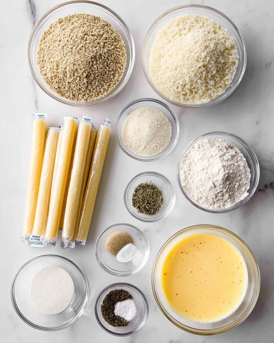 The image shows ingredients arranged neatly on a white marbled surface, including eight individually wrapped sticks of pale yellow string cheese placed diagonally toward the bottom left. Two glass bowls at the top contain different types of light brown bread crumbs and white panko crumbs, both with a fine, crumbly texture. At the center right, there is a small glass bowl of coarse salt and another bowl of mixed greenish dried herbs. Below those are four smaller bowls containing white flour, black pepper, light beige garlic powder, and a large bowl filled with frothy yellow beaten eggs positioned near the center bottom. All bowls and the surface are clear or white, giving a clean and organized look. Photo taken with an iphone --ar 4:5 --v 7