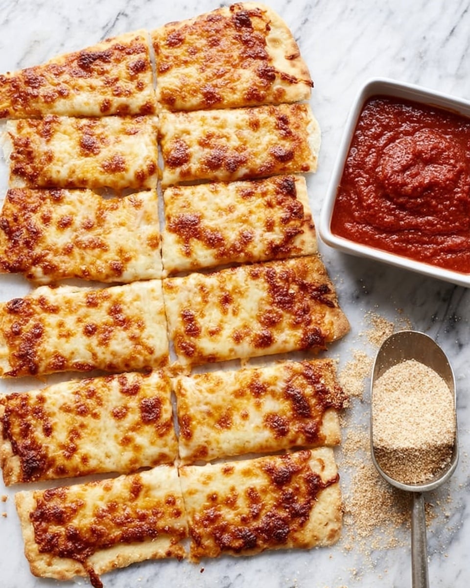 A rectangular pizza with a golden brown melted cheese layer spread evenly on top, divided into eight rectangular pieces arranged on a white marbled surface. The crust is light beige and looks thin and crisp. To the upper right of the pizza, there is a white square bowl filled with thick, red tomato sauce. Near the bowl, a metal scoop holds a small pile of light brown powder, with a little bit spilled on the surface. Photo taken with an iphone --ar 4:5 --v 7