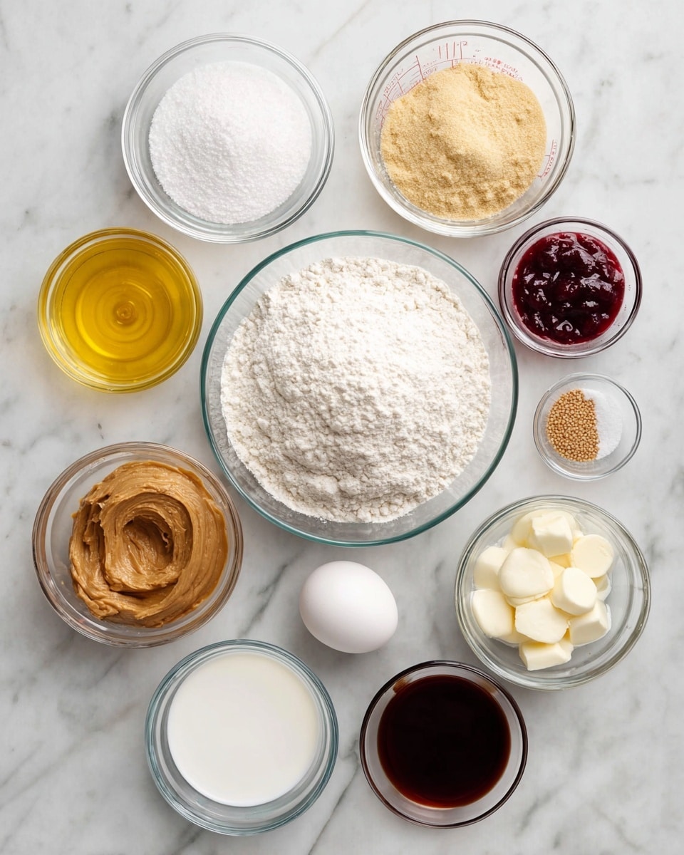 The image shows several clear glass bowls and a measuring cup arranged neatly on a white marbled surface. At the center, there is a large bowl filled with white flour. Around it, smaller bowls contain different ingredients: a white powdery substance resembling powdered sugar, a golden yellow melted butter, a dark brown liquid that looks like vanilla extract, and small brown round yeast grains. Additionally, there is a bowl with light brown peanut butter, a bowl with dark red jam, a bowl with white granulated sugar, a tiny bowl with salt, a bowl of white liquid cream or milk, and a single white egg placed beside the bowls. The colors and textures are clear and distinct, and the overall layout is neat and organized, photo taken with an iphone --ar 4:5 --v 7