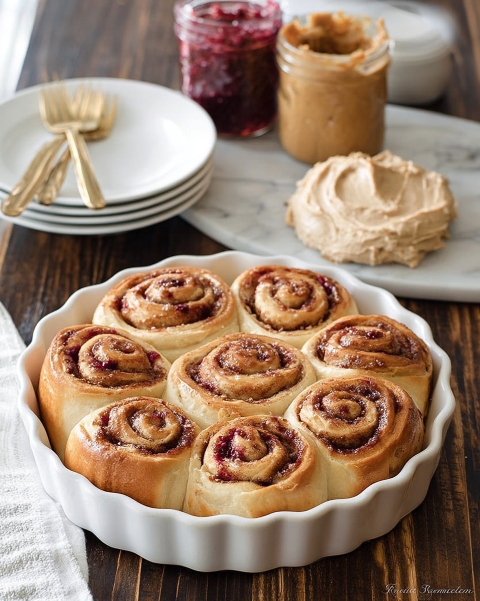 A white scalloped round dish holds nine golden-brown cinnamon rolls arranged close together in three rows of three. Each roll shows visible spirals of dough with cinnamon and a red jam layered inside, giving a mix of warm brown and soft red colors swirling around. The rolls have a soft, fluffy texture with some slightly darker baked edges. Behind the dish, on a white marbled surface, a white plate contains a dollop of light beige creamy spread. Two jars sit behind the plate—one jar with a tan-colored spread and another jar with a red jam. A stack of two white plates with a gold fork rests to the left. The background shows a dark wood texture. Photo taken with an iphone --ar 4:5 --v 7
