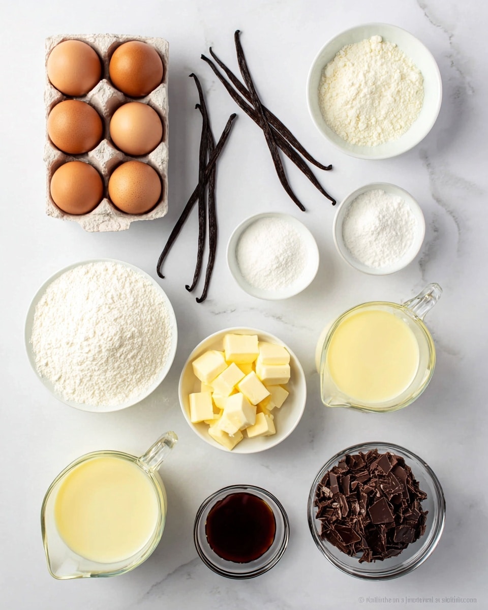 The image shows a top view of several baking ingredients neatly arranged on a white marbled surface. In the top left, there is a carton with six brown eggs and two eggs outside it resting nearby. Two dark brown vanilla beans are placed in the middle. Surrounding these are white bowls containing fine white sugar, flour, light yellow cubes of butter, and small white powdered ingredients. There are two clear glass pitchers filled with pale yellow and white liquids. A small glass bowl of dark brown vanilla extract and another with dark chocolate shavings complete the spread. The setup is clean and organized, each ingredient clearly visible and separated. photo taken with an iphone --ar 4:5 --v 7