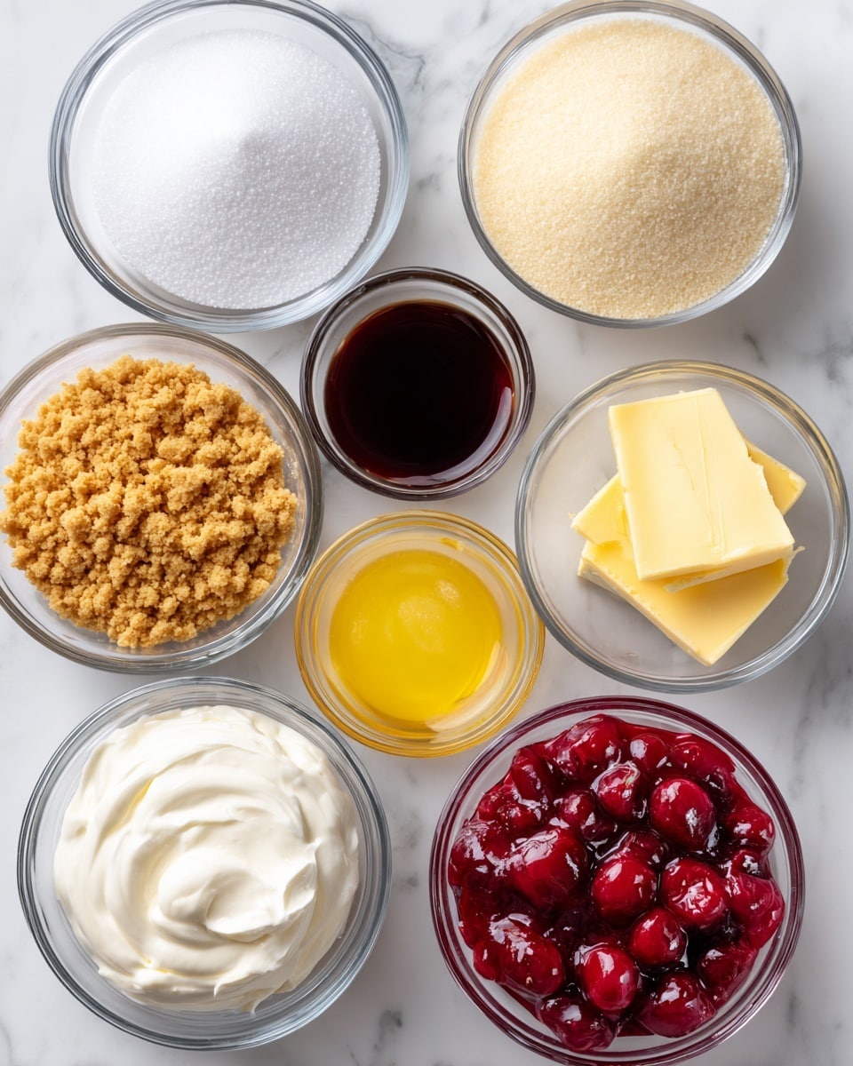 The image shows eight clear glass bowls arranged on a white marbled surface. Starting from the top, there is a bowl of white granulated sugar, to its left a smaller bowl of dark brown vanilla extract, next to that on the left is a large bowl of smooth, light cream. Below the sugar is a bowl of golden crushed graham crackers. In the center, below the graham crackers, is a small bowl of melted yellow butter. Below the butter, there is a bowl filled with smooth white cream cheese. To the left of the cream cheese is a bowl of powdered sugar, and to the right of the cream cheese is a bowl filled with bright red cherry pie filling with whole cherries. The bowls are spaced evenly across the surface. Photo taken with an iphone --ar 4:5 --v 7