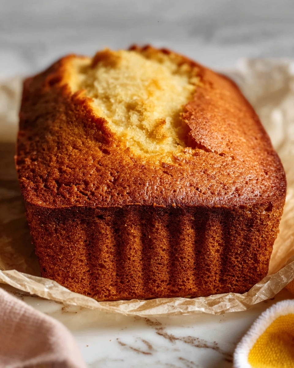 A single loaf of golden brown cake with a slightly cracked top showing a soft, fluffy inside. The bottom edge has a darker, well-baked crust with visible ridges. The cake rests on crumpled parchment paper, and there is a yellow and white cloth partially visible at the bottom right. The background shows a soft white marbled texture. Photo taken with an iphone --ar 4:5 --v 7