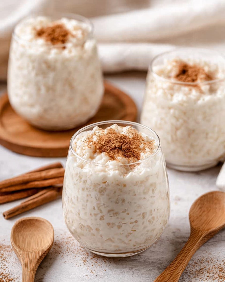 Three clear glasses filled with a creamy white rice pudding, showing the texture of soft rice grains mixed in a smooth, thick base. Each glass has a small pile of brown cinnamon powder sprinkled on top, giving a warm contrast to the white pudding. The glasses are placed on a wooden surface with light brown wooden spoons nearby and a couple of cinnamon sticks in the background. The overall setting has a cozy and simple feel. Photo taken with an iphone --ar 4:5 --v 7