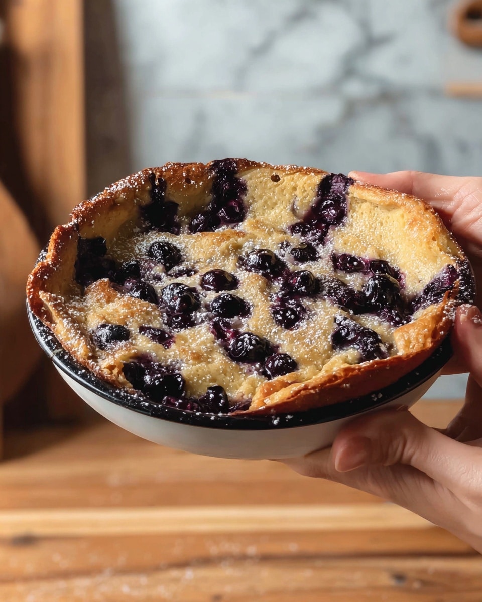 A golden brown baked pancake with a slightly puffed and textured surface is shown being held delicately by a woman's hand on the right side. The pancake is embedded with large, dark purple blueberries mostly on the edges and within the surface, some bursting slightly, adding dark, juicy spots. The edges of the pancake are crisp and darker, with a light dusting of powdered sugar sprinkled unevenly across the top. The pancake is held above a white bowl with a black rim, sitting on a wooden tabletop with a white marbled textured background softly blurred behind. Photo taken with an iphone --ar 4:5 --v 7
