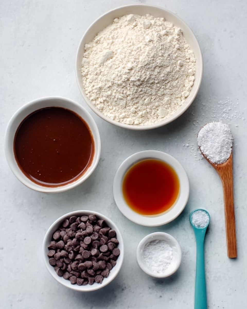 The image shows five white bowls arranged on a white marbled surface. The largest bowl contains a light-colored flour or powder, which appears fluffy and slightly uneven on top. Next to it, a medium bowl holds a rich, dark brown liquid or sauce that looks smooth and glossy. Below, a smaller bowl is filled with small, rounded chocolate chips in dark brown color. Nearby, a small white bowl contains a dark amber liquid, possibly vanilla or syrup, with a shiny surface. Lastly, a teal measuring spoon holds a white powder, potentially baking soda or salt, next to a wooden spoon with some white granules. The bowls are placed with some space around them, showing a clean and organized layout. photo taken with an iphone --ar 4:5 --v 7
