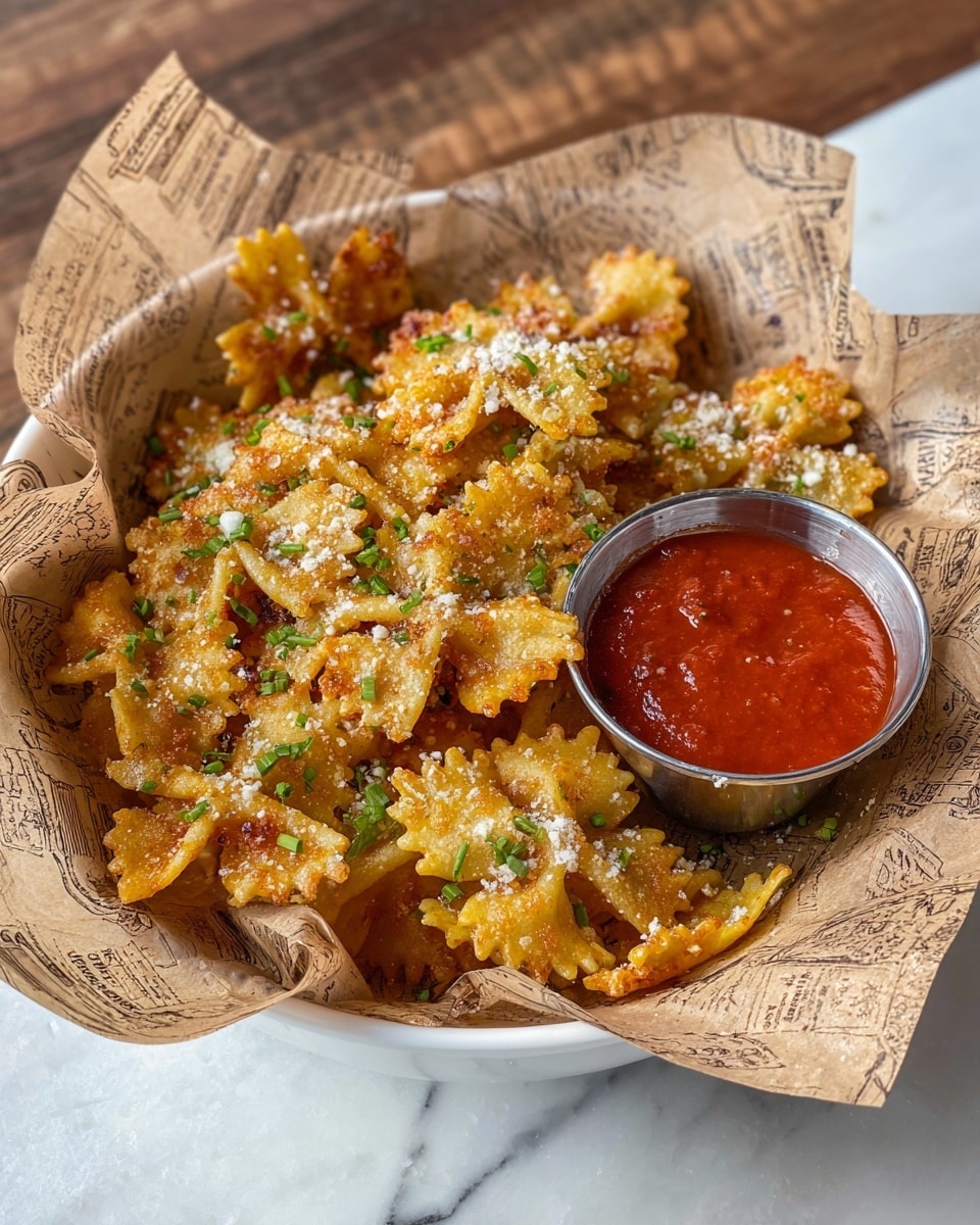 A white bowl lined with printed brown paper holds one layer of golden, crispy bow-tie shaped pasta chips sprinkled with small bits of white cheese and finely chopped green herbs. On the right side inside the bowl, there is a small round metal cup filled with thick red marinara sauce, with a few white cheese bits on top. The bowl is placed on a white marbled surface. photo taken with an iphone --ar 4:5 --v 7