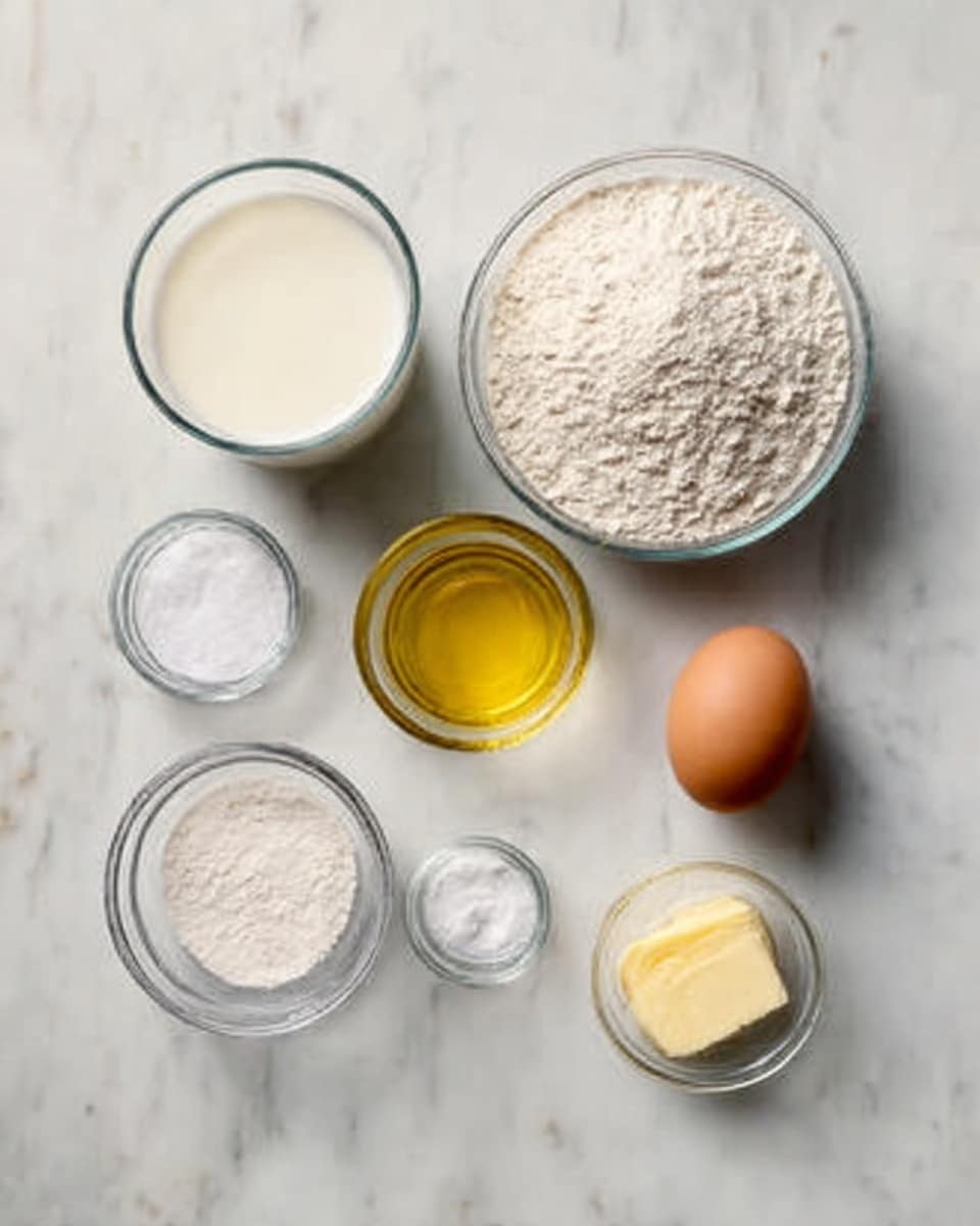 The image shows ingredients arranged neatly on a white marbled surface: a clear glass cup filled with milk at the top left, a clear glass cup with flour at the top right, a small clear glass bowl of vegetable oil below the milk, a small clear glass bowl with salt next to the oil, a small clear glass bowl with sugar next to the salt, a single egg with a light brown shell placed to the right of the bowls, and a small clear glass cup with melted butter at the far right. The lighting is soft and natural, highlighting the textures of each ingredient clearly. Photo taken with an iphone --ar 4:5 --v 7