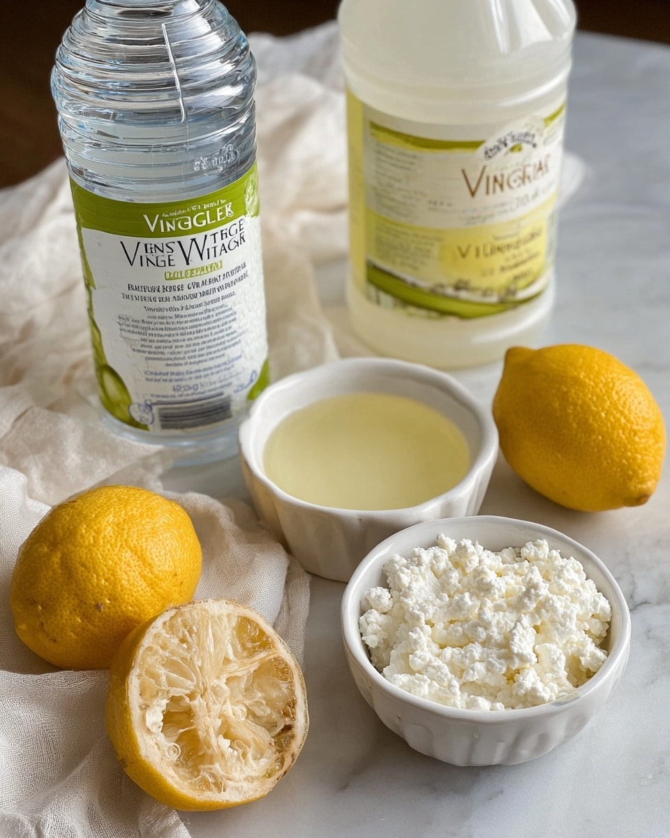 The image shows a small white bowl filled with lumpy white curds sitting on a white marbled surface. To the right is a smaller white bowl filled with pale yellow liquid. Next to these bowls, there is a halved lemon with a slightly wrinkled interior and two whole lemons with a smooth texture. Behind the bowls, a large white plastic bottle of distilled white vinegar with a green label and a clear plastic bottle of white wine vinegar are visible. Soft white cheesecloth fabric is partially seen to the left side of the bowls. Photo taken with an iphone --ar 4:5 --v 7