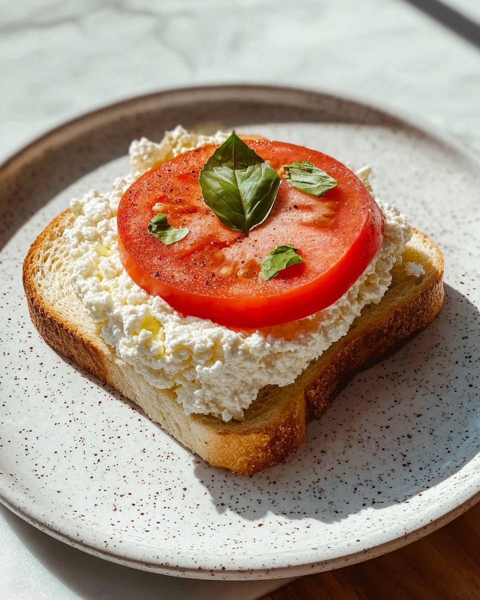 A single slice of golden toasted bread sits on a white plate with a speckled pattern, placed on a white marbled surface. On top of the bread, there is a thick, uneven layer of white, crumbly ricotta cheese with a rough texture. Sitting on the ricotta is one large, bright red slice of tomato, with a few small green basil leaves scattered on top, adding a fresh touch of color. The sunlight casts soft shadows across the plate, enhancing the colors and textures of the simple dish. Photo taken with an iphone --ar 4:5 --v 7