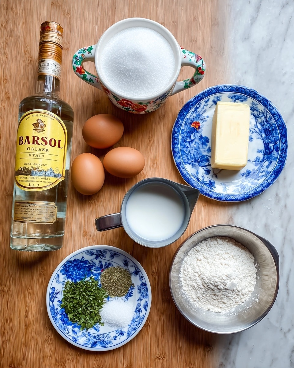A clear glass bottle of Barsol Pisco stands on the left side with a golden brown cap and yellow label. Next to it are three brown eggs placed closely together. Above the eggs is a small white bowl with colorful floral handles, filled with a mound of white sugar. To the right of the sugar bowl is a white plate with a blue pattern holding a stick of light yellow butter. Below the butter, a metal measuring cup filled with a white liquid is placed on the wooden surface. A blue and white patterned plate holds several small piles of different seasonings, including finely chopped green herbs and white powders. Lastly, a white bowl filled to the top with flour sits in the lower right corner. The background is a white marbled texture. photo taken with an iphone --ar 4:5 --v 7
