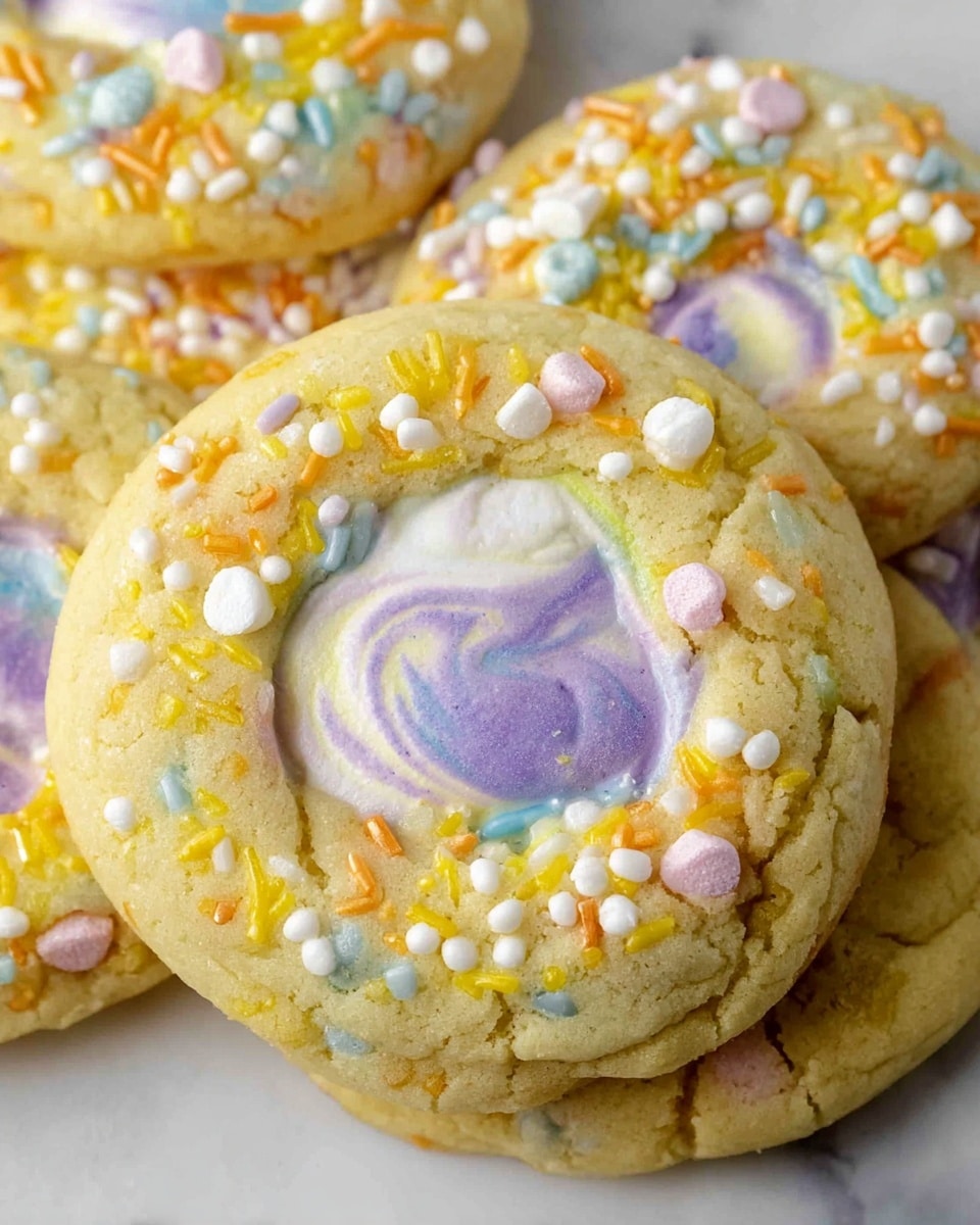A close-up view of soft, round cookies with a pale yellow dough base. Each cookie has colorful sprinkles scattered thickly on the top edge, mostly in yellow, orange, white, and a few pastel colors. In the center of each cookie is a melted, swirled marshmallow with white and light purple shades, creating a marbled texture. The cookies are stacked closely, showing their slightly crinkled, soft surface. The background is a white marbled texture. photo taken with an iphone --ar 4:5 --v 7