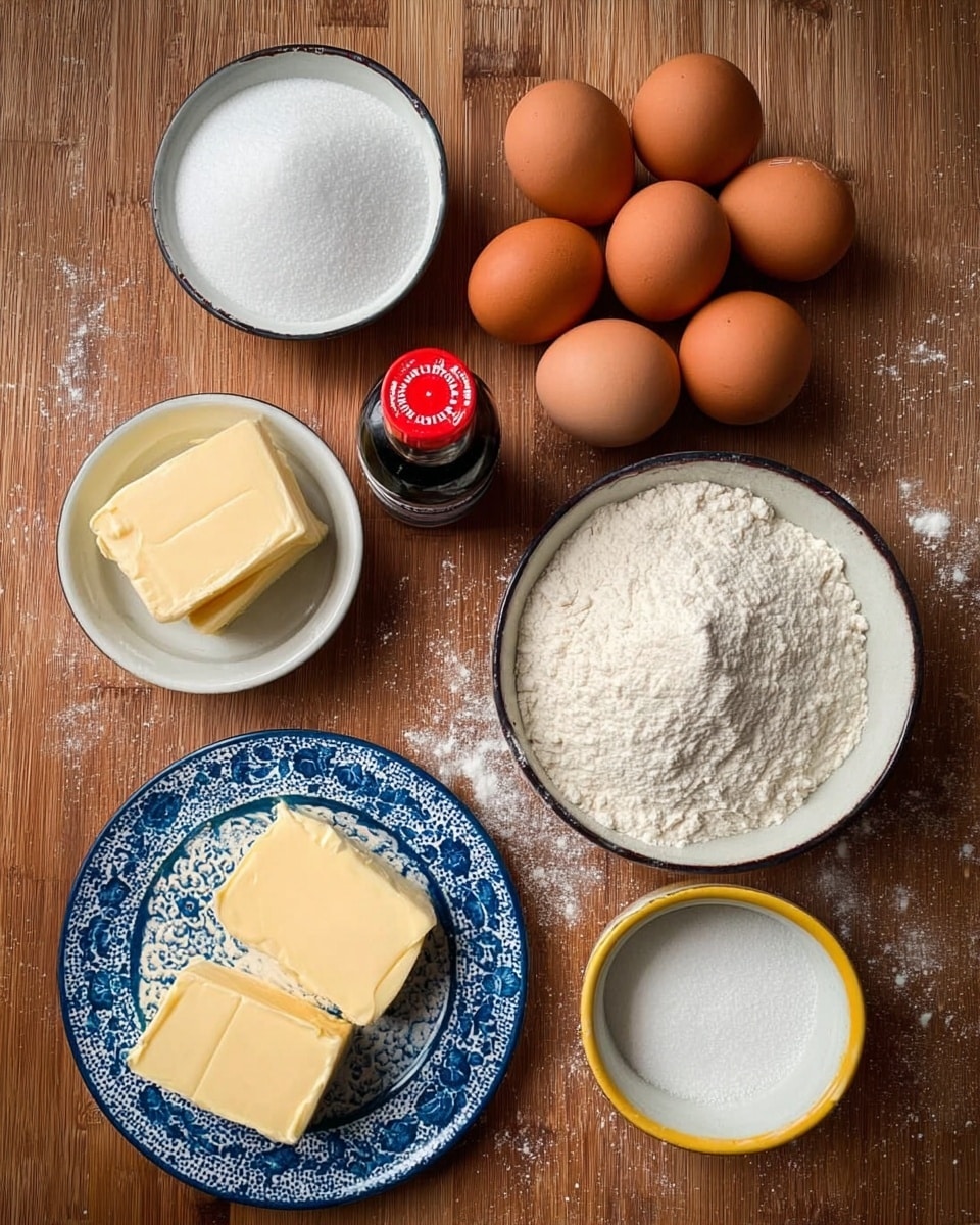 The image shows six brown eggs arranged in a small cluster on a wooden surface. To the left, there is a small, round white bowl filled with fine white sugar, and next to it, a similar white bowl filled with white flour. Below the eggs, on the left side, a small blue and white patterned plate holds two thick, rectangular yellow pieces of butter. On the right side, a small white bowl with a yellow rim contains a white powder, possibly baking powder or salt. In front of the eggs, there is a small dark bottle with a red cap labeled vanilla extract. The background is a wooden surface with some scattered flour dust. photo taken with an iphone --ar 4:5 --v 7