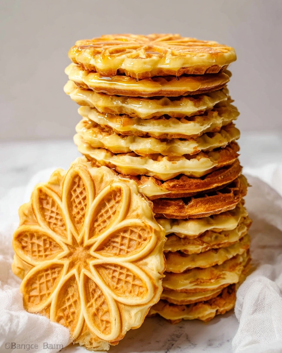 A tall stack of about twenty thin, round waffles with a golden brown color and irregular edges showing some melting butter dripping down the sides is placed on a white marbled surface with a soft white cloth underneath. In front of the stack, leaning against it, is one detailed waffle showing a six-petal flower pattern with a textured grid inside each petal, all in a light golden yellow. The background is plain and light, making the warm tones of the waffles stand out photo taken with an iphone --ar 4:5 --v 7