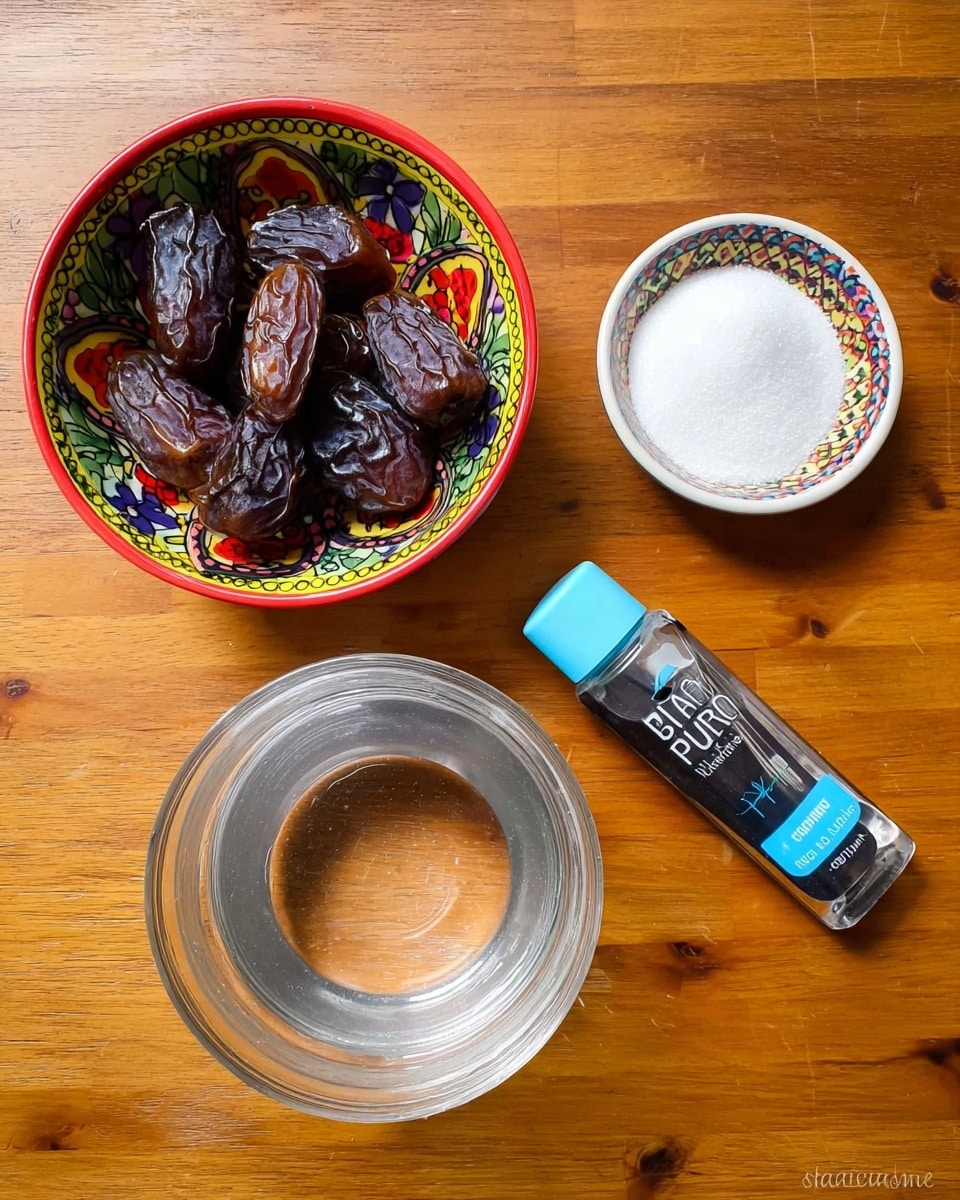 The image shows four items on a wooden surface: in the top left, a colorful bowl with red, yellow, green, blue, and black patterns filled with dark brown dates that have a wrinkled texture; to its right, a small white bowl with a colorful rim holding white granulated sugar; below the sugar bowl, a clear glass bowl with water reflecting light; and on the right side, a blue and black tube of liquid glucose with a light blue cap, lying horizontally. The overall scene is simple with a warm wooden background. photo taken with an iphone --ar 4:5 --v 7
