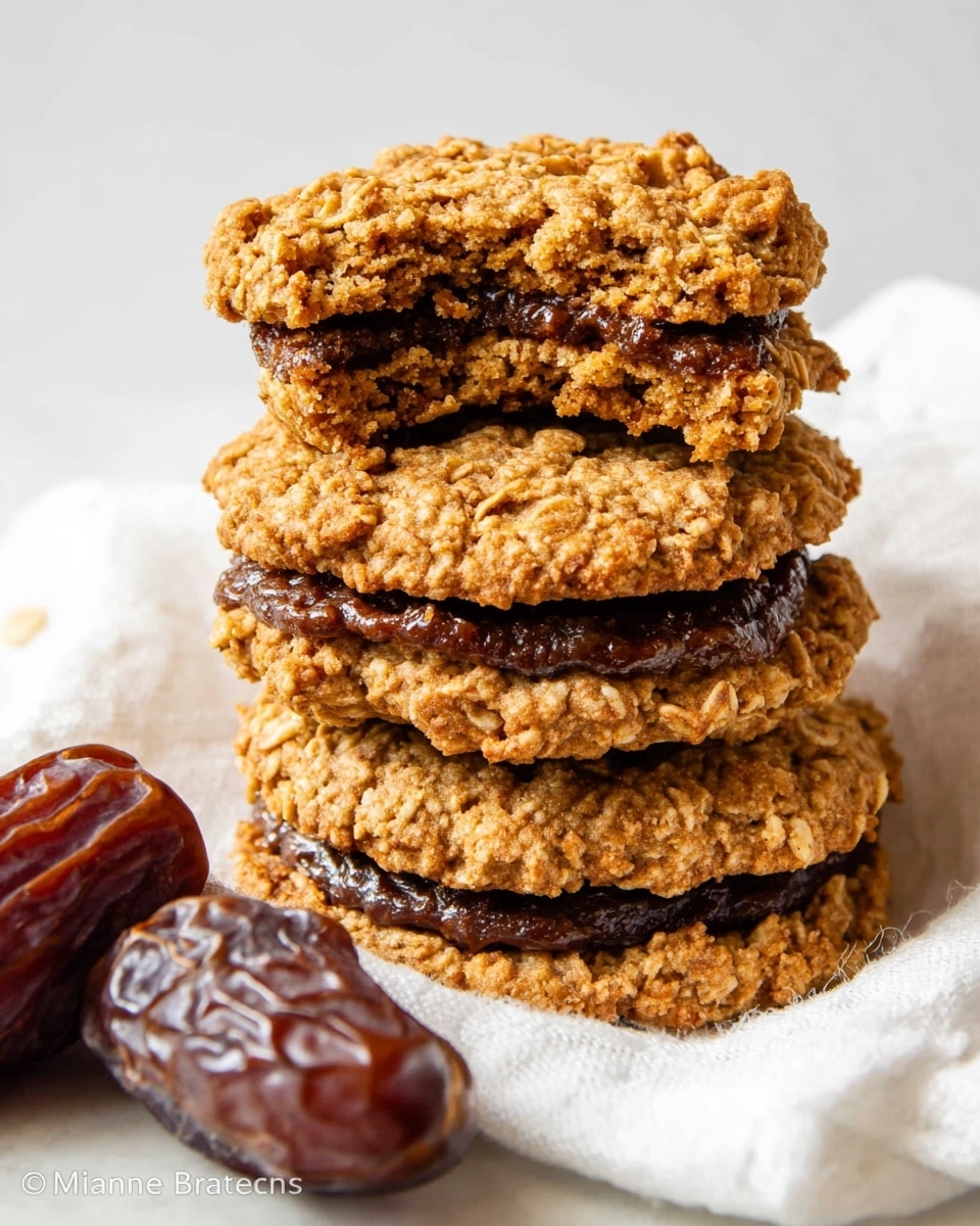 The image shows a stack of three oatmeal cookie sandwiches with a dark brown filling in between each cookie layer. The top cookie has a bite taken out, revealing the soft, crumbly texture inside. The cookies have a rough, bumpy surface with visible oats and a golden-brown color. They rest on a white cloth with a slightly wrinkled texture, placed on a white marbled background. In the lower right corner, a few dark brown dates with a shiny, wrinkled surface are scattered near the cookies. photo taken with an iphone --ar 4:5 --v 7