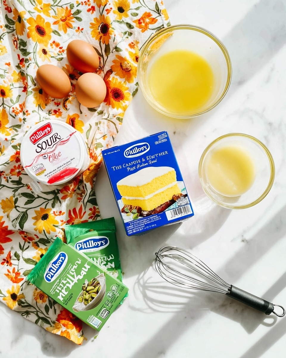 A white marbled surface holds various baking ingredients including a blue box of Pillsbury Traditional Yellow Cake Mix placed near the center. To the left, there is a white container of sour cream with red labeling next to three brown eggs resting on a floral cloth with yellow and orange flowers. Two green boxes of pistachio Jell-O pudding mix are placed near the bottom center. A clear glass bowl and a smaller clear bowl with a yellow liquid are positioned to the top right. A metal whisk with a black handle lies diagonally on the bottom right. The scene is bright with natural light, creating soft shadows. Photo taken with an iphone --ar 4:5 --v 7