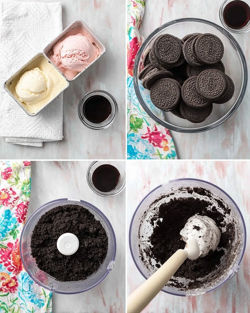 The image shows a step-by-step process of making a dessert crust using dark chocolate sandwich cookies. In the top left corner, there are two tubs of ice cream, one vanilla and one strawberry, placed next to a white napkin on a white marbled surface, and below them is a clear bowl full of whole sandwich cookies. The top right image focuses on the same clear bowl filled with whole sandwich cookies, with a small glass bowl of dark liquid nearby. The bottom left image shows the cookies finely crushed inside a clear food processor on the same white marbled surface. The bottom right image features a clear mixing bowl with a dark, crumbly cookie mixture being stirred by a white and wooden spatula. A colorful floral cloth is partly visible in the background. photo taken with an iphone --ar 4:5 --v 7