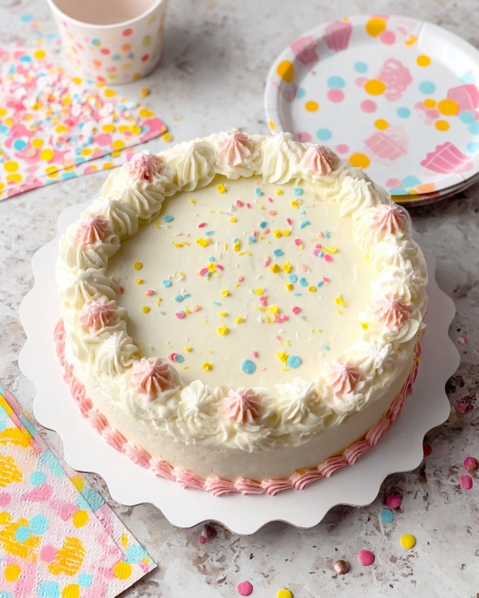 A round cake with a smooth white frosting base sits on a white plate with scalloped edges. The cake has two layers, both covered in creamy white frosting. Around the edge is a ring of white swirled frosting dollops, each topped with small pink frosting flowers. The top surface is sprinkled with small pastel-colored round confetti in yellow, pink, blue, and white. The cake is set on a white marbled surface with scattered confetti around it. Nearby are colorful cupcake-themed napkins with polka dots, and a white plate with cupcake illustrations. Photo taken with an iphone --ar 4:5 --v 7