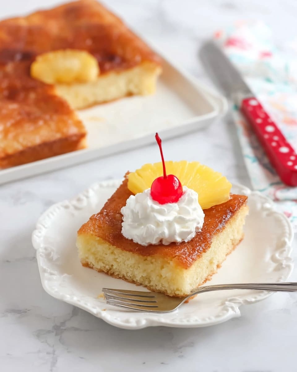 A piece of golden brown baked cake with a soft, light yellow inside sits on a white plate with scalloped edges. On top of the cake, there is a dollop of white whipped cream, a small bright yellow pineapple chunk, and a shiny red cherry. Behind the plate, the rest of the square cake is seen on a white board, with one piece removed. A silver fork rests beside the piece of cake on the plate, and a knife with a red handle lies near the cake in the background on a white marbled surface. Photo taken with an iphone --ar 4:5 --v 7