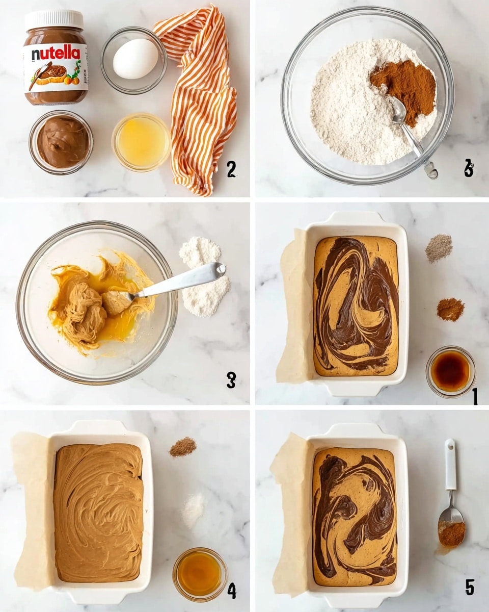 The image shows a step-by-step process of making a peanut butter and Nutella swirl cake with six sections on a white marbled surface. The first section displays the ingredients including a jar of Nutella, an egg, a small bowl of white flour, a small bowl of yogurt, a small bowl of honey, and a small bowl of cinnamon. The second section shows a clear glass bowl with dry ingredients like flour and cinnamon with an orange-striped cloth nearby. The third section has the same bowl filled with mixed wet ingredients including eggs, yogurt, and honey placed on the same surface. The fourth section shows a clear bowl with creamy peanut butter batter stirred with a spoon. The fifth section shows a white rectangular baking pan lined with parchment paper, filled with peanut butter batter spread in layers and Nutella swirled on top. The last section shows a similar baking pan with half the batter spread and a thick line of Nutella on top, ready to be swirled. photo taken with an iphone --ar 4:5 --v 7