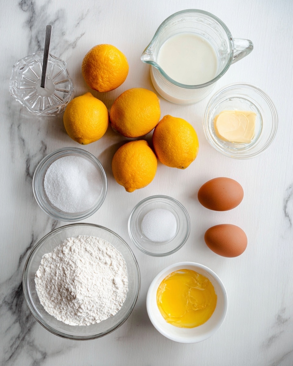 The image shows a top view of ingredients on a white marbled surface, including five bright orange lemons grouped near the center, a clear glass citrus juicer at the top left, a clear measuring jug filled with white liquid to the right of the lemons, three brown eggs near the bottom left, a clear bowl of white granulated sugar to the left of the lemons, a clear bowl of white flour below the sugar, a small clear bowl of salt near the center right, and a white ramekin with melted yellow butter below the salt, along with a white mixing bowl at the bottom right edge of the frame, photo taken with an iphone --ar 4:5 --v 7
