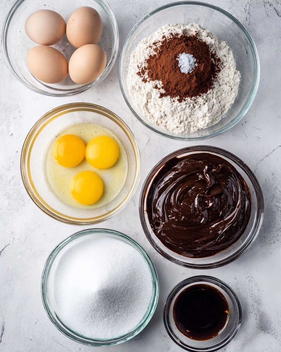 A top view of six clear glass bowls placed on a white marbled surface, each holding a different baking ingredient: one bowl contains white flour with a brown cocoa powder and white salt on top, positioned at the upper center; another bowl to the left holds three raw eggs with bright yellow yolks and clear whites; below it, a large bowl is filled with white granulated sugar; to the right of the flour bowl, a smaller bowl has thick, smooth melted dark chocolate with swirls; at the bottom right, a short glass contains dark brown liquid, likely vanilla extract. The bowls are neatly arranged with simple textures and natural colors, photo taken with an iphone --ar 4:5 --v 7