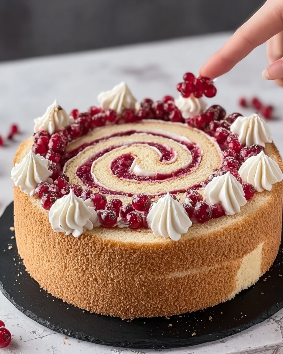 The image shows a round sponge cake with a golden-brown crust, rolled into a spiral shape with alternating layers of light beige cake and bright red berry filling. The top of the cake has dollops of white cream arranged in a circle near the center and scattered fresh red berries placed amongst the cream. The cake sits on a black round board, with a white marbled surface background. A woman's hand is picking one of the berries from the top. Photo taken with an iphone --ar 4:5 --v 7