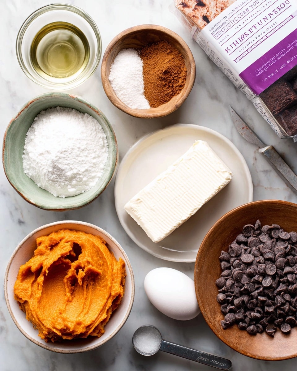 The image shows various baking ingredients arranged on a white marbled surface. There is a dollop of orange pumpkin puree in a white bowl placed near the bottom center. To its left is a glass cup with a clear liquid, likely oil. Above it, a small wooden bowl filled with white sugar is next to another white bowl containing a brown powder, possibly cinnamon. A rectangular block of white cream cheese sits on a small white plate near the center. To the right of the cream cheese is a wooden bowl holding a single white egg. Beside it, a metal measuring cup with dark chocolate chips is visible. In the top right corner, there is a purple and white package of chocolate brownie mix. The whole scene is lit softly, captured from above. Photo taken with an iphone --ar 4:5 --v 7