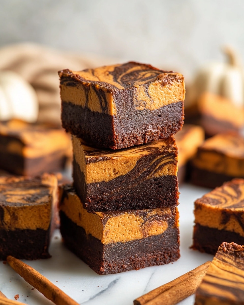 The image shows a stack of square dessert bars with two distinct layers. The bottom layer is thick, dark brown, and looks rich and moist like chocolate. The top layer is a lighter orange-brown with darker swirls, giving it a marbled texture. The top surface is smooth with some swirled patterns. Around the stack, more bars with the same two layers and swirl designs are scattered on a white marbled surface. A few cinnamon sticks are placed near the desserts, and the background has soft, neutral tones with out-of-focus shapes. photo taken with an iphone --ar 4:5 --v 7