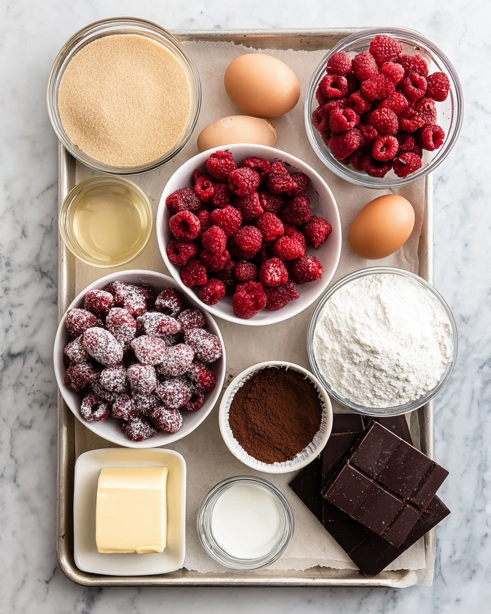 A rectangular baking tray with a piece of parchment paper holds various ingredients arranged evenly: a white bowl filled with fresh bright red raspberries sits in the top right corner, next to two brown eggs on the tray; a clear round glass bowl with light brown sugar is placed to the left of the raspberries; below the sugar, a white bowl is filled with frozen raspberries covered in frost; to the right of the frozen raspberries, there are several dark chocolate bars stacked slightly on top of each other; above the chocolate, a small clear bowl holds cocoa powder; beside the cocoa powder is a clear bowl with white flour; near the bottom left corner is a square block of butter with smooth edges; beside it a round clear bowl of white sugar; next to sugar, a small glass bowl filled with light yellow honey; and a glass of light beige liquid placed at the top left corner; all placed on a white marbled surface photo taken with an iphone --ar 4:5 --v 7