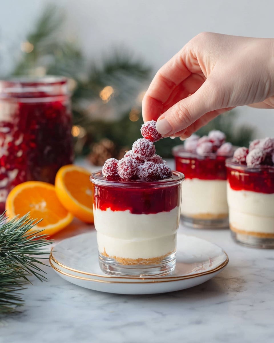 Three clear glass cups show a dessert with three layers: a thick white creamy base layer, a middle red jelly-like layer, and a top thick white cream layer. On the top, a woman's hand is placing red sugar-coated berries. The glass in the front sits on a white plate with a gold edge. In the background, a glass container filled with red jelly is visible, along with pine branches and two orange halves on a white marbled surface. Photo taken with an iphone --ar 4:5 --v 7