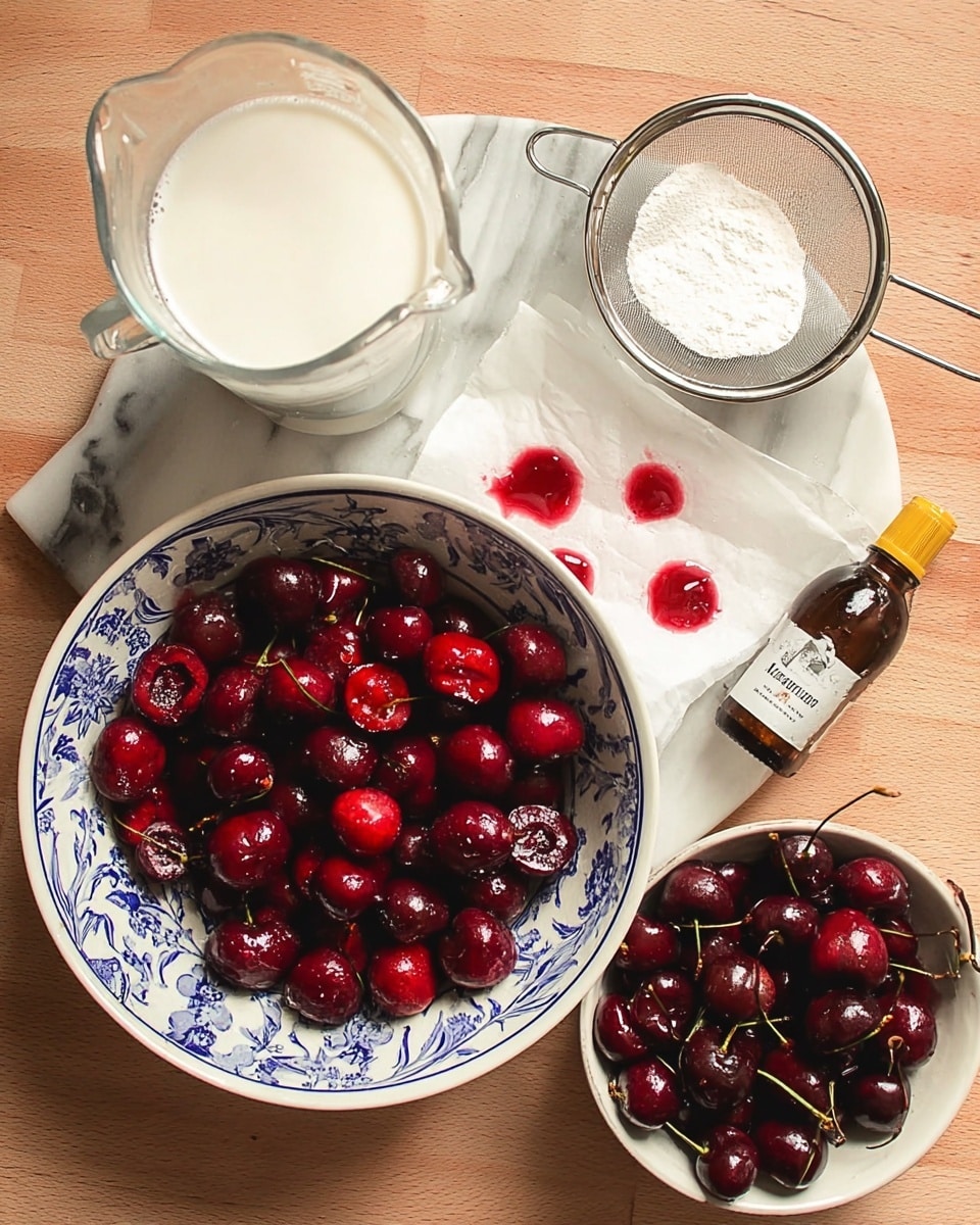 A top view image shows a white bowl with a blue pattern around the edge, filled with red halved cherries resting on white paper with red juice stains in the center, a smaller white bowl at the bottom right filled with whole dark red cherries with stems, a clear glass jug to the left filled with white liquid, a small white plate in the middle holding a metal sieve filled with white powder, and a small brown bottle with a yellow cap labeled vanilla extract to the right of the sieve; all items are placed on a white marbled surface photo taken with an iphone --ar 4:5 --v 7