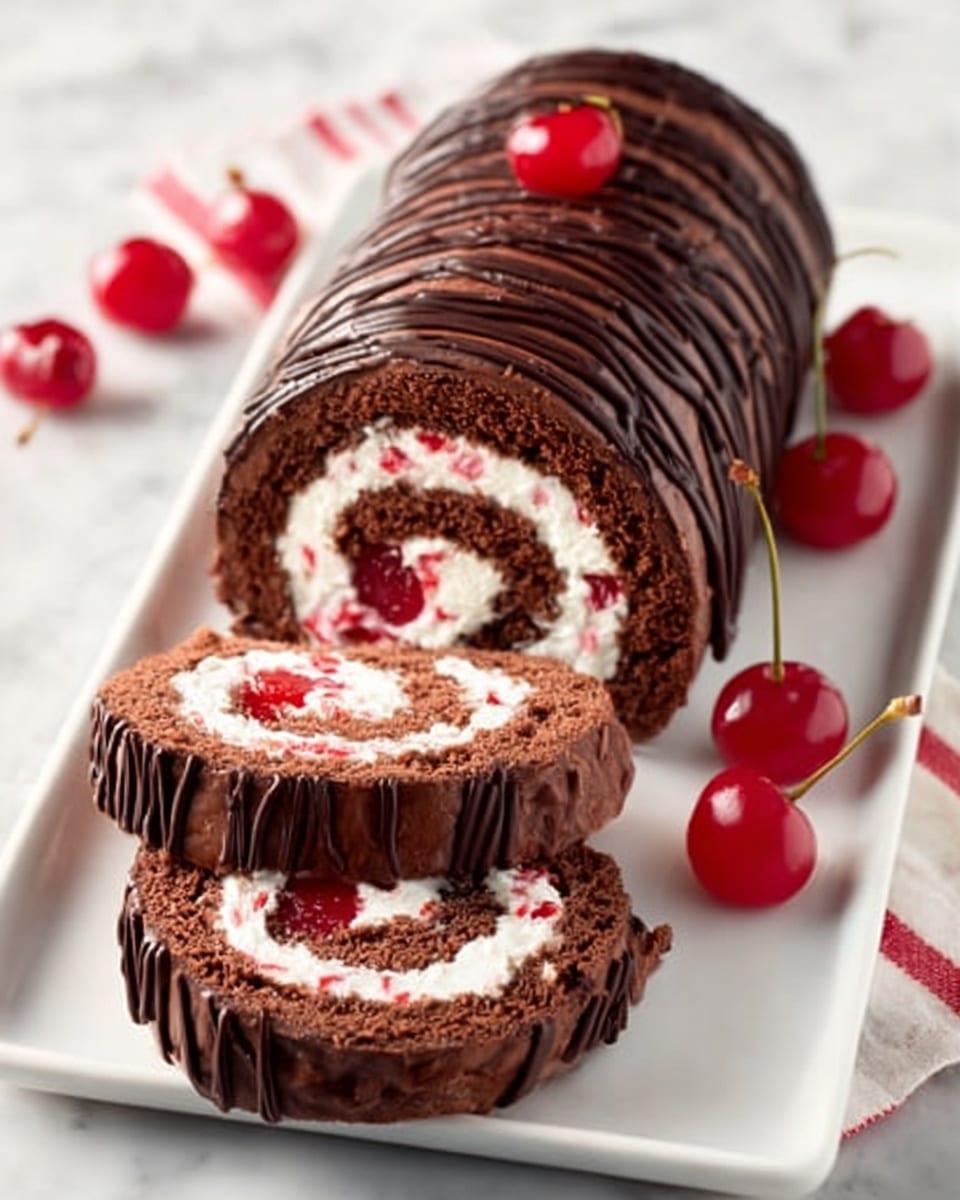 The image shows a chocolate roll cake on a white rectangular plate, placed on a white marbled surface. The cake has a dark brown, smooth outer layer with glossy chocolate drizzle lines running diagonally across the top. Inside, there are white cream swirls mixed with bits of bright red cherries, creating a spiral pattern. Two slices are cut from the roll showing the even layers of cream and chocolate cake. Red cherries with stems are scattered around the plate, adding a pop of color. Photo taken with an iphone --ar 4:5 --v 7