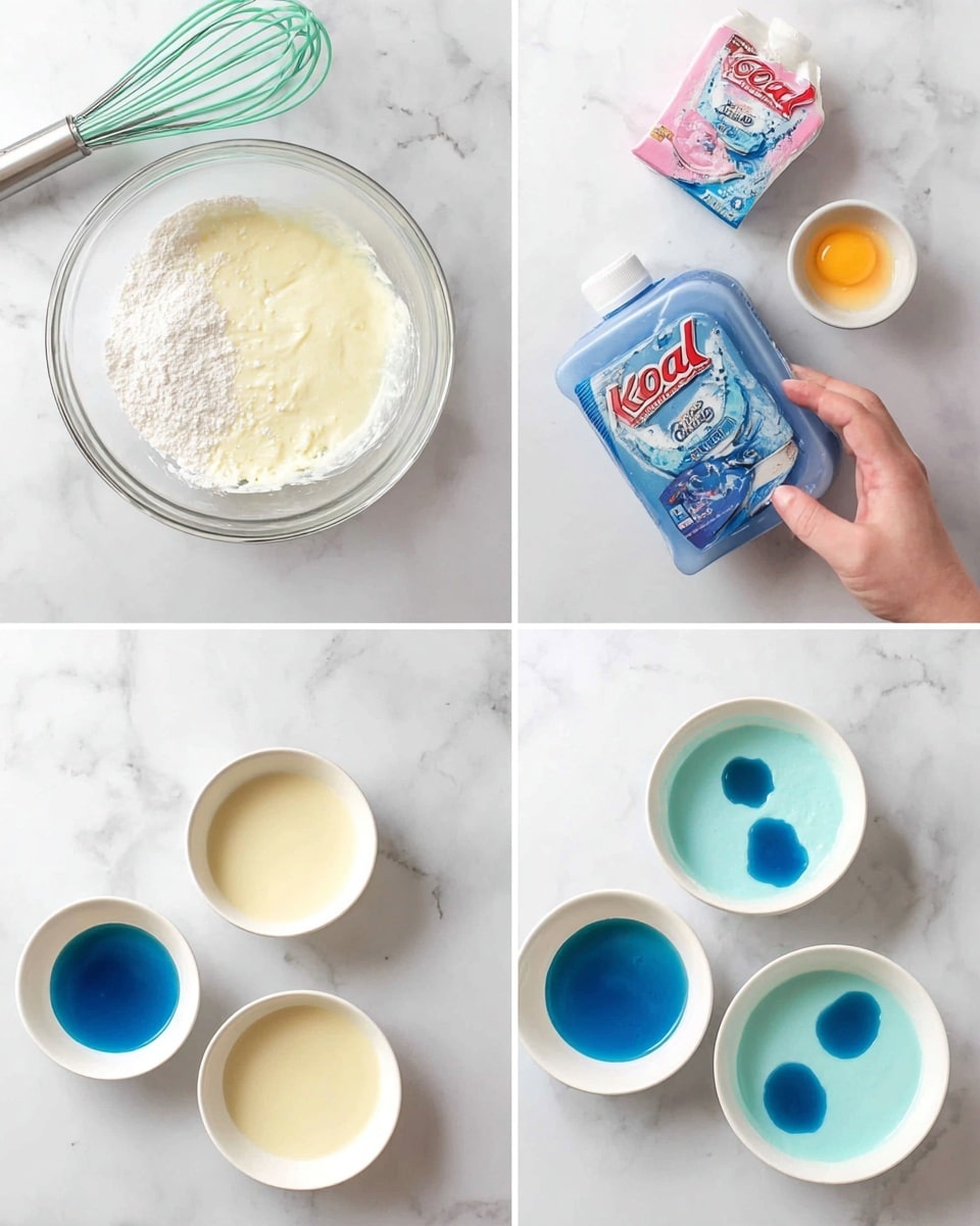 The image shows four steps of mixing a white cake batter with blue liquid coloring on a white marbled surface. In the first part, a clear glass bowl holds white cake mix and liquid with a green whisk beside it, and a small white bowl with two egg yolks sits near a pink and white cake mix box. The second part shows a woman’s hand holding a blue Kool-Aid liquid container above three small white bowls filled with pale batter. The third part presents the same three white bowls with drops of dark blue liquid on top of the pale batter. The last part shows the three white bowls with the batter fully mixed into different shades of blue, from light to bright blue. Photo taken with an iphone --ar 4:5 --v 7