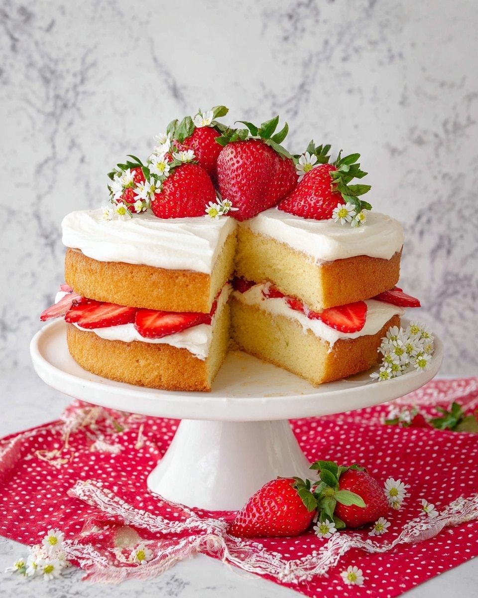 A two-layer vanilla sponge cake sits on a white cake stand over a red cloth with white dots on a white marbled surface. The bottom layer is spread with white cream and topped with slices of fresh red strawberries arranged around the edge. The top layer is thick and plain with white cream spread over it. The cake is decorated on top with whole and halved fresh strawberries with green leaves and small white flowers. A slice is taken out showing the soft texture inside. Photo taken with an iphone --ar 4:5 --v 7