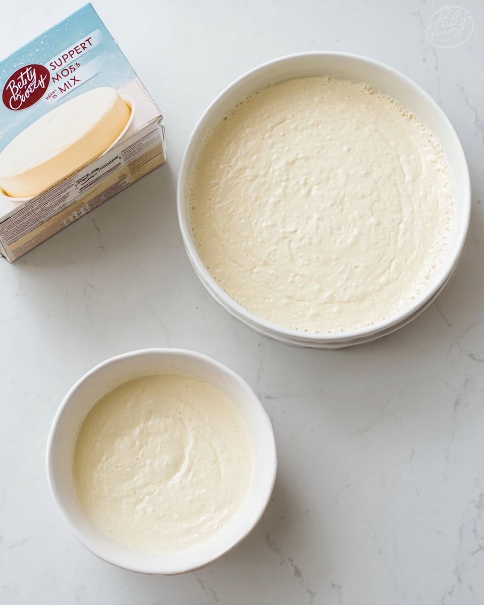 The image shows a box of Betty Crocker Super Moist white cake mix on a white marbled surface, with two white bowls filled with light creamy batter beside it. The larger bowl is filled almost to the top and has a smooth, slightly bubbly texture, while the smaller bowl also contains the same batter, looking thick and well mixed. The scene is bright and clean with the box on the left and the two bowls arranged on the right side. Photo taken with an iphone --ar 4:5 --v 7