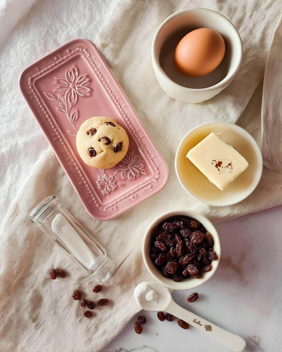 The image shows several baking ingredients arranged on a white marbled textured surface covered with a soft, light beige cloth. On the left, there is a small pink rectangular plate with floral patterns embossed on it, holding a single, round cookie with some raisins inside. Nearby, a small clear glass tube with a metal lid lies vertically. Towards the top right, there is a white bowl with a smooth brown egg, next to a white bowl containing a square piece of butter with a cow design on it. Below the butter, a small white spoon holds some raisins, and to the bottom right, a white bowl filled with dark brown raisins is visible. Scattered raisins are spread around the bowls and spoon, creating a casual, neat setup. Photo taken with an iphone --ar 4:5 --v 7