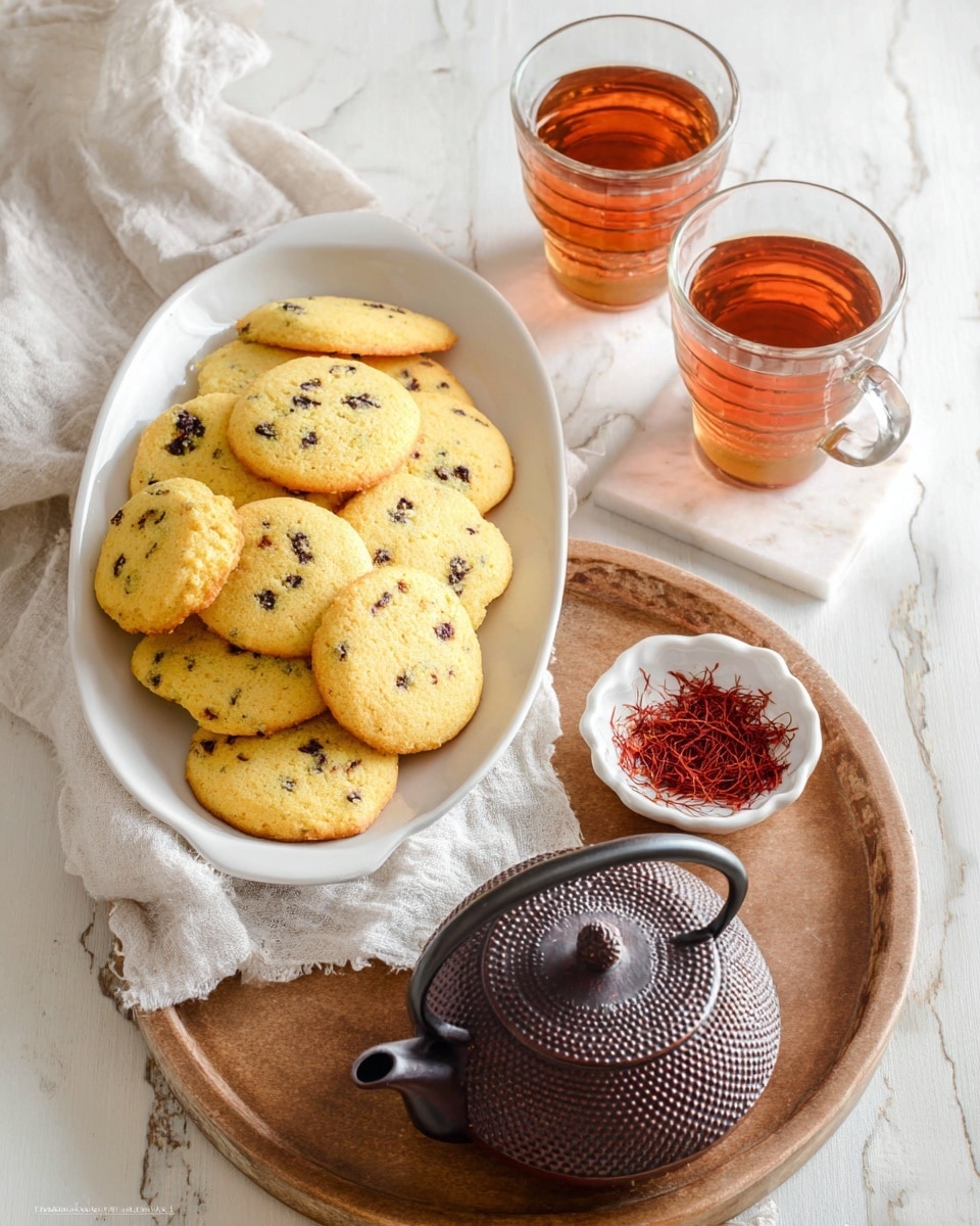 A white oval plate is filled with many thin, round yellow cookies, each dotted with small black chocolate chips and slightly browned on the edges. Next to the plate, a small white bowl holds thin red saffron strands. Below, a round wooden tray holds a textured dark brown teapot with a black handle, covered by a white cloth, and two clear glass cups filled with amber-colored tea. The whole scene is set on a white marbled surface with soft natural lighting. photo taken with an iphone --ar 4:5 --v 7