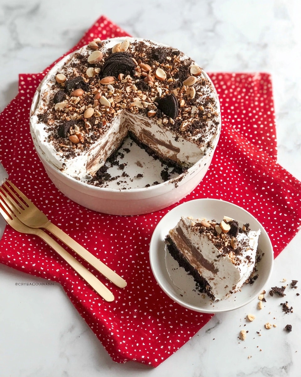 A white round dish sits on a red cloth with white dots and holds a layered dessert with the front portion missing. The dessert has multiple layers including a dark brown crumb base, a thick white creamy layer, and a middle chocolate cream layer with a lighter cream on top. The top is sprinkled with sliced almonds, crushed nuts, and dark cookie crumbs. Next to the dish is a white bowl holding a slice of the dessert showing the same layers clearly. Two light wooden forks lay on the white marbled surface nearby. Photo taken with an iphone --ar 4:5 --v 7