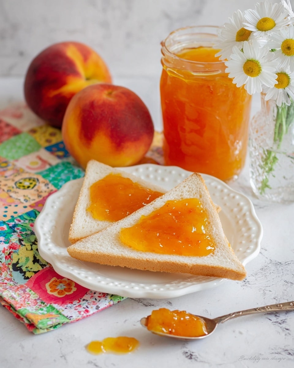 Two triangular slices of white bread toast are placed on a white plate with a decorative edge, each slice spread with a shiny, smooth layer of bright orange peach jam. Behind the plate, there is a glass jar filled with more peach jam, showing a semi-thick texture. To the left of the jar is a whole, ripe peach with red and orange skin, resting on a colorful cloth with floral and patchwork patterns. In the foreground, a spoon with orange jam rests on the white marbled surface with a small dollop of jam spilled beside it. To the right and slightly behind the jar, there is a small clear glass vase holding white daisy-like flowers with yellow centers. The overall setting is bright and fresh, on a white marbled textured surface. Photo taken with an iphone --ar 4:5 --v 7